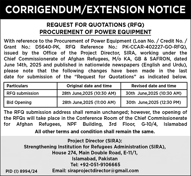 Strengthening Institution for Refugees Administration Islamabad Tender Notice
